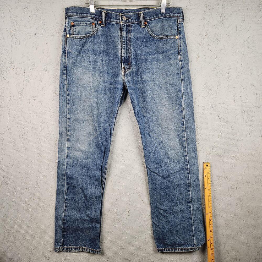 Levis 505 Jeans Mens 38x32 Straight Leg Western Cowboy Medium Wash Grunge Fade